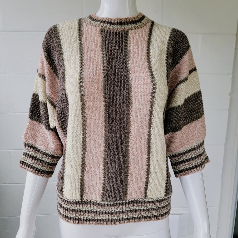 VTG 90s Vivanti Signature Sweater Pink Brown Striped Women L Retro Boho Chic USA